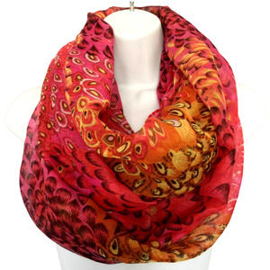 Peacock Pattern Crimson Black Orange Poly Gauze Lightweight Infinity Scarf
